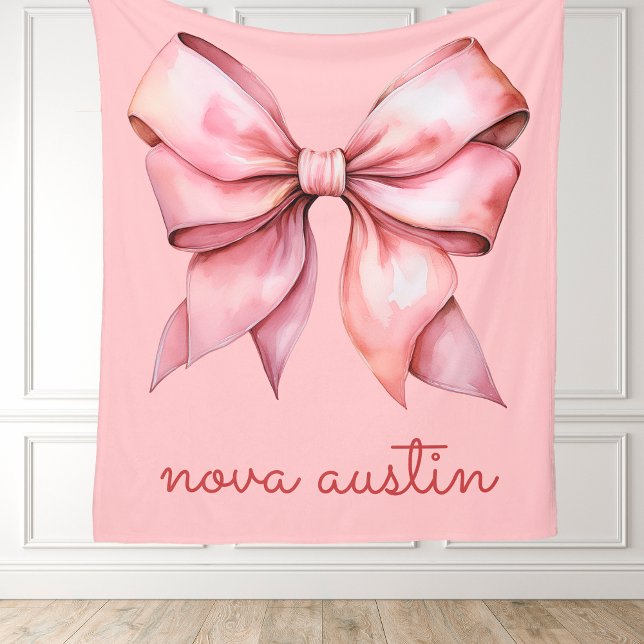 Trendy Pink Bow Personalized With Name Monogram Fleece Blanket (Creator Uploaded)