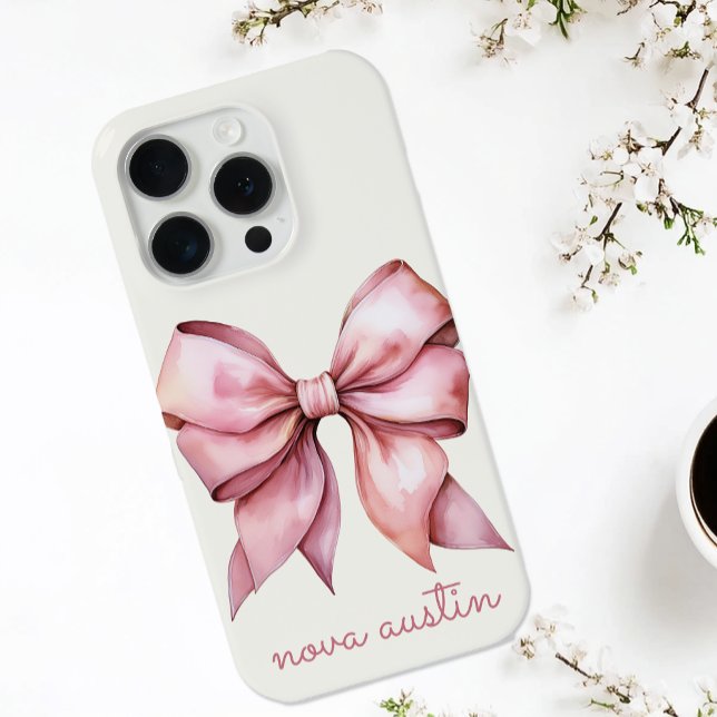 Trendy Pink Bow Personalized With Name Monogram iPhone Case (Creator Uploaded)