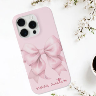 Trendy Pink Bow Personalized With Name Monogram iPhone 15 Pro Case