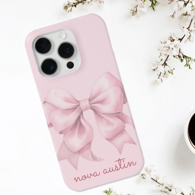 Trendy Pink Bow Personalized With Name Monogram iPhone Case (Creator Uploaded)