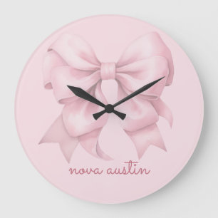 Trendy Pink Bow Personalized With Name Monogram Large Clock