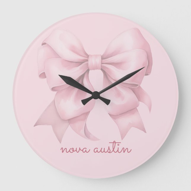 Trendy Pink Bow Personalized With Name Monogram Large Clock (Front)