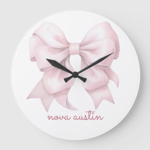 Trendy Pink Bow Personalized With Name Monogram Large Clock
