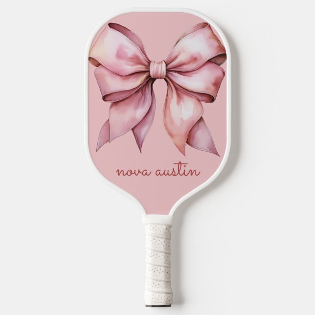 Trendy Pink Bow Personalized With Name Monogram Pickleball Paddle (Front)