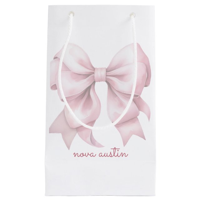 Trendy Pink Bow Personalized With Name Monogram Small Gift Bag (Front)