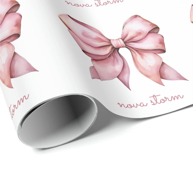 Trendy Pink Bow Personalized With Name Monogram Wrapping Paper (Roll Corner)