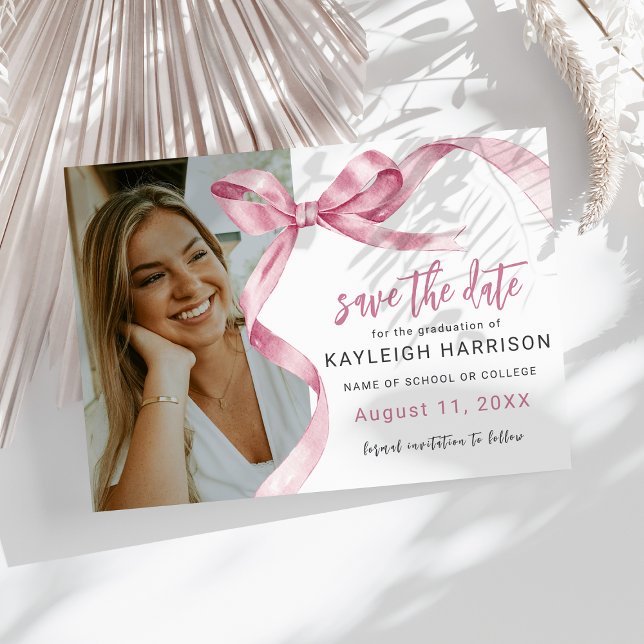 Trendy Pink Bow Photo Graduation Save The Date (Creator Uploaded)