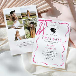 Trendy Pink Bow Ribbon 4 PHOTO Graduation Part Invitation