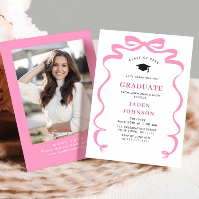 Trendy Pink Bow Ribbon PHOTO Graduation Party Invitation (Creator Uploaded)