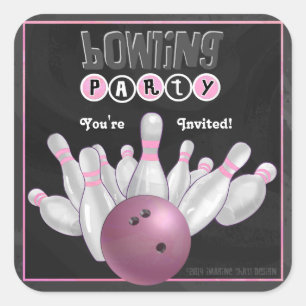 Trendy Pink Bowling Party Invite Sticker