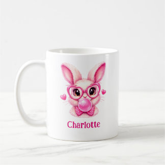 Trendy Pink Bunny with Bubble Gum – Custom Name Coffee Mug