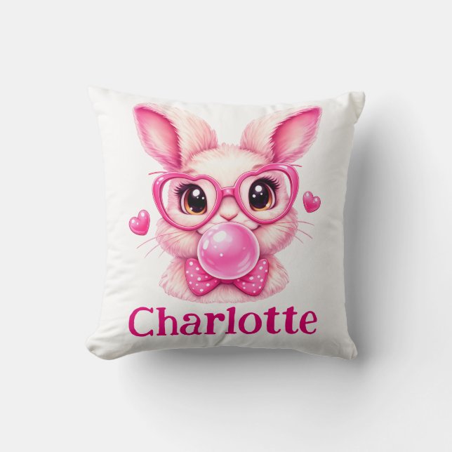 Trendy Pink Bunny  with Bubble Gum – Custom Name Throw Pillow (Front)
