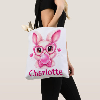 Trendy Pink Bunny with Bubble Gum – Custom Name Tote Bag