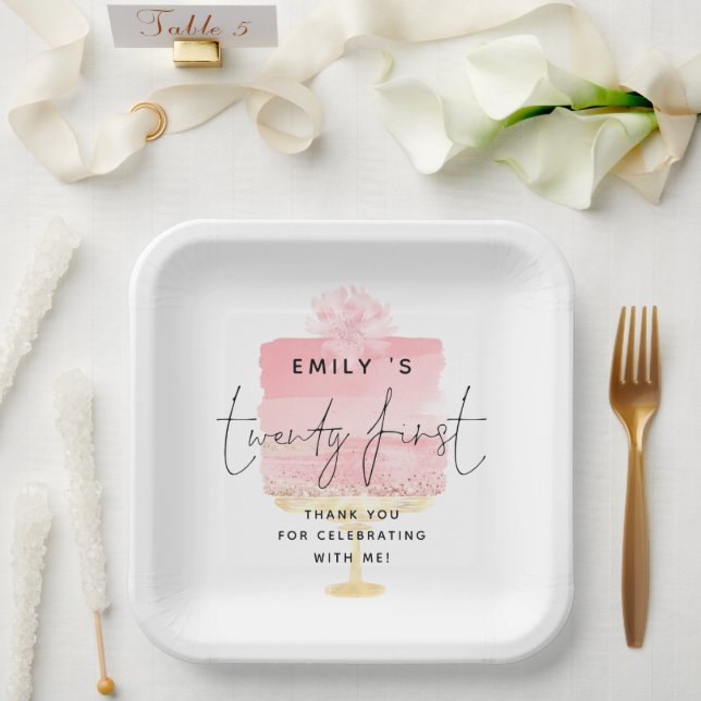Trendy Pink Cake Name 21st Birthday Thank You Paper Plate (Wedding)