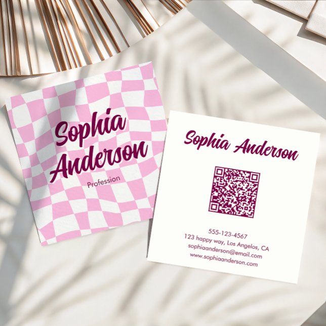 Trendy Pink Checkerboard with QR Code Square Business Card (Creator Uploaded)