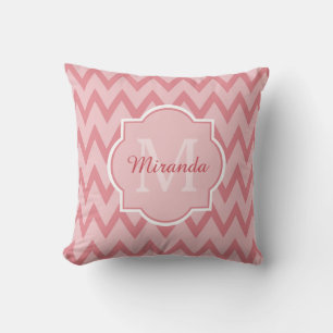 Trendy Pink Chevron Zigzag Name and Monogram Throw Pillow