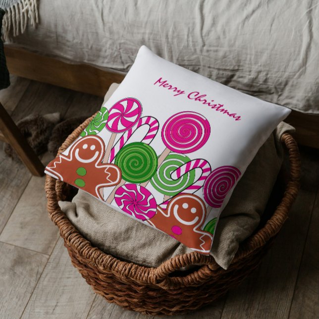 Trendy pink Christmas gingerbreads Throw Pillow (Creator Uploaded)