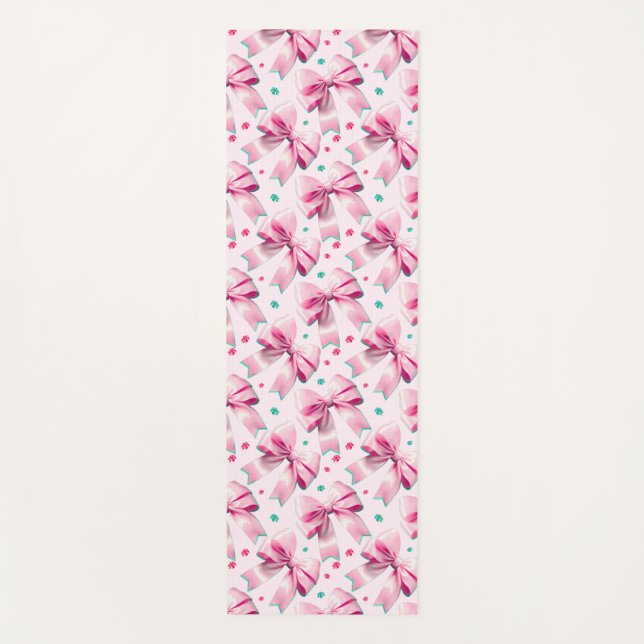 Trendy pink coquette bow pattern with cute girly yoga mat (Front)