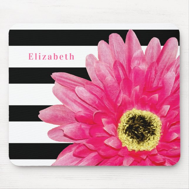 Trendy Pink Daisy Black and White Stripes and Name Mouse Pad (Front)