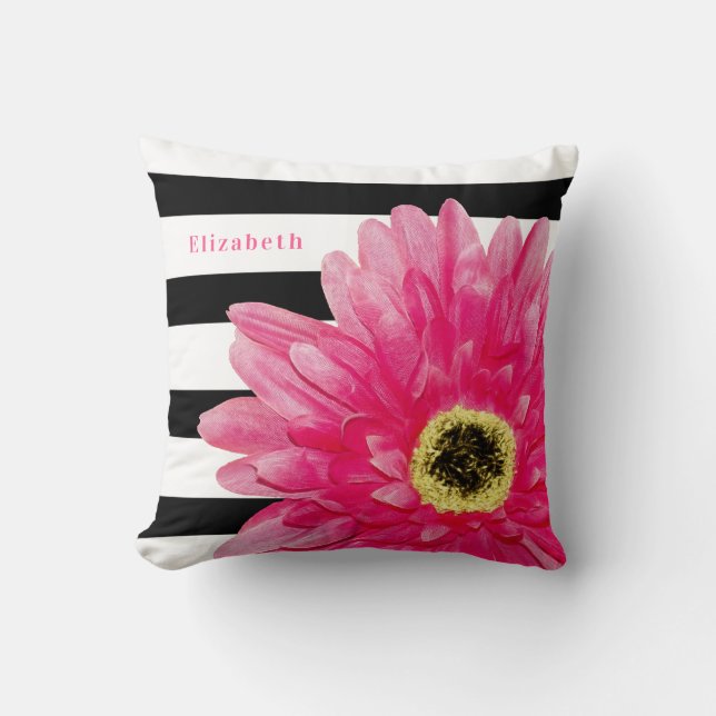 Trendy Pink Daisy Black and White Stripes and Name Throw Pillow (Front)