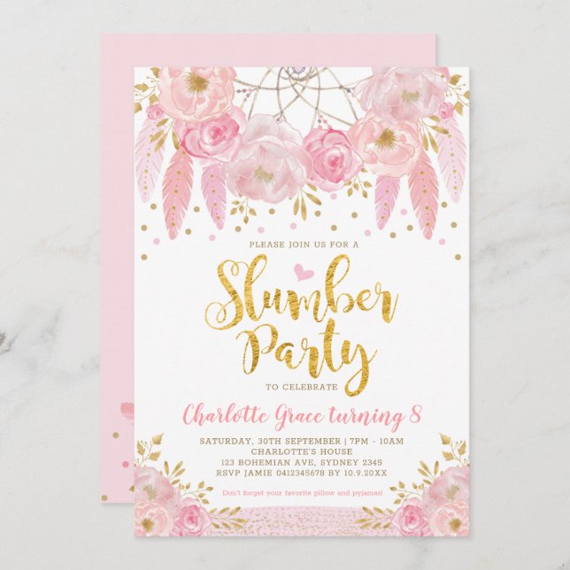 Trendy Pink Dreamcatcher Sleepover Slumber Party Invitation (Front/Back)