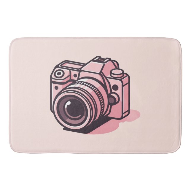 Trendy Pink DSLR Camera Photography Personalized Bath Mat (Front)