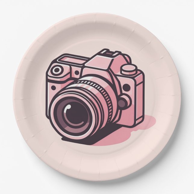 Trendy Pink DSLR Camera Photography Personalized Paper Plate (Front)