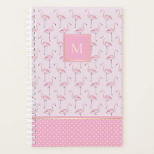 Trendy Pink Flamingos and Dots with Monogram Planner