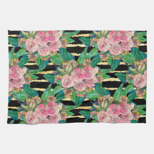 Trendy Pink Floral Paint Gold Stripes Black Design Kitchen Towel