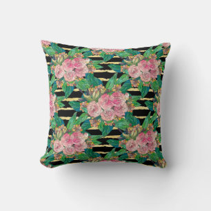Trendy Pink Floral Paint Gold Stripes Black Design Throw Pillow