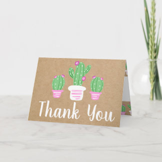 Trendy Pink Flowering Cactus Kraft Thank You Card