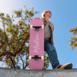 Trendy Pink Girls Name Handwritten Script Custom Skateboard<br><div class="desc">A chic personalized pink monogram skateboard for a girl who loves simple,  handwritten gifts. Beautiful white cursive script spelling out your name in elegant script.</div>