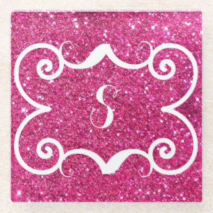 Trendy Pink Glitter White Monogram Custom Glass Coaster