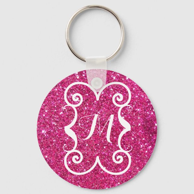  Trendy Pink Glitter White Monogram Custom Keychain (Front)