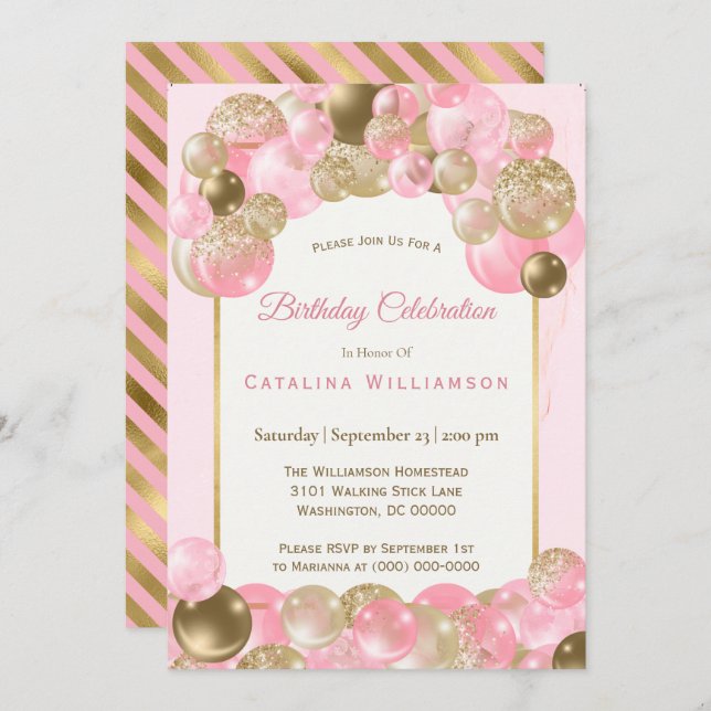 Trendy Pink Gold Balloons Birthday Invitation (Front/Back)