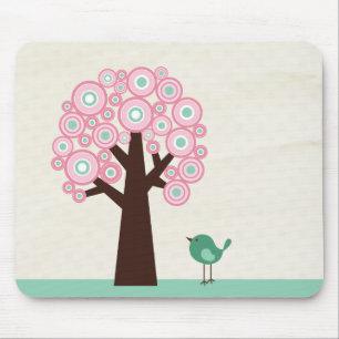 Trendy pink green circles tree bird mousepad