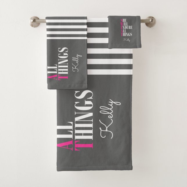 Trendy Pink Grey She Will Endure All Things Custom Bath Towel Set (Insitu)