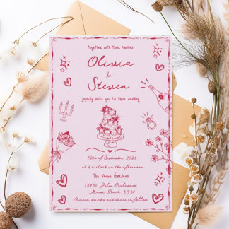 Trendy Pink Hand Drawn Quirky Scribble Wedding Invitation