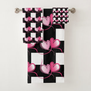 Trendy Pink Heart And Black Plaid Pattern Bath Tow Bath Towel Set