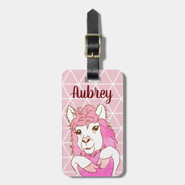 Trendy Pink Heart Llama Geometric Luggage Tag (Front Vertical)