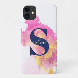 Trendy Pink Ink Cloud, Personalized White, Navy iPhone 11 Case