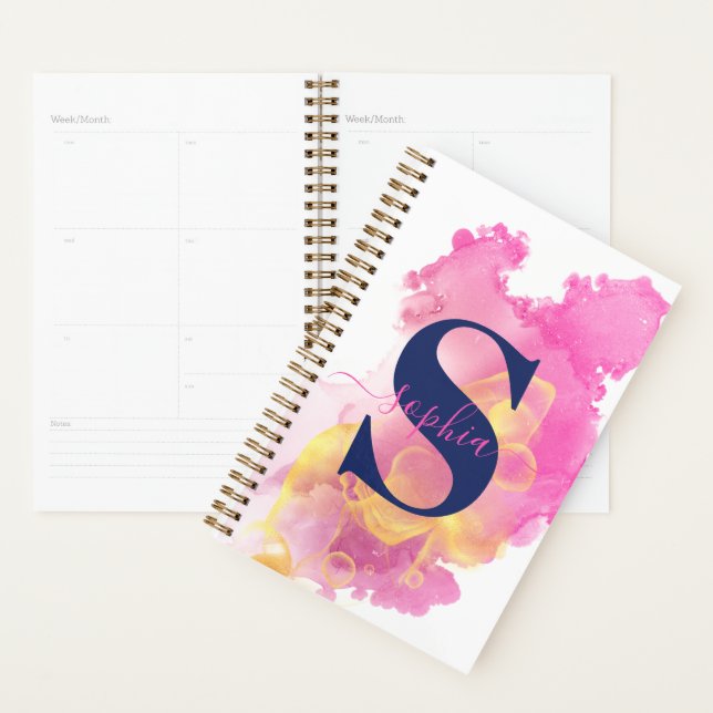 Trendy Pink Ink Cloud, Personalized White, Navy Planner (Display)