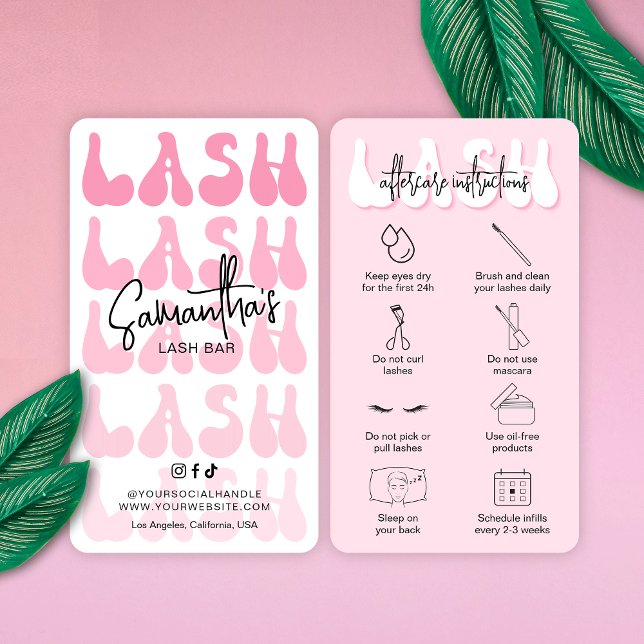 Trendy Pink Lash Aftercare Instructions Retro Font Business Card (Creator Uploaded)