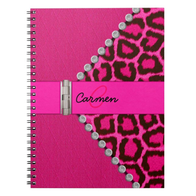 Trendy Pink Leopard and Hinge Monogram Notebook (Front)
