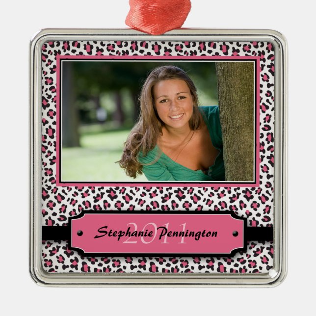 Trendy pink leopard graduation photo ornament (Front)