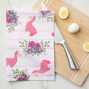 Trendy Pink Llamas Floral Doodles & Stripes Kitchen Towel