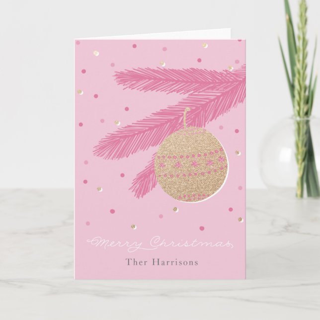 Trendy Pink merry Christmas Card Gold Ornament (Front)