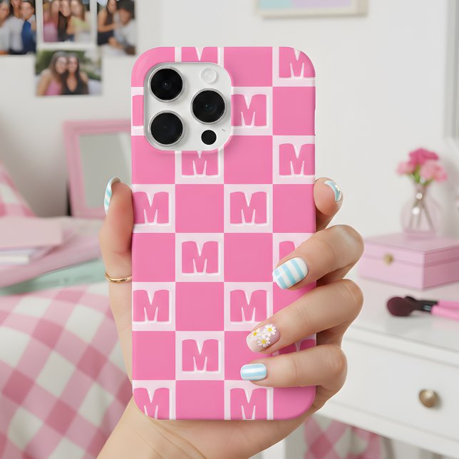 Trendy Pink Monogram Checkered Initial  iPhone Case (Creator Uploaded)