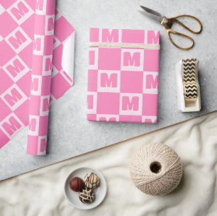 Trendy Pink Monogram Checkered Initial  Wrapping Paper