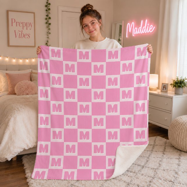 Trendy Pink Monogram Chequered Initial  Sherpa Blanket (Creator Uploaded)